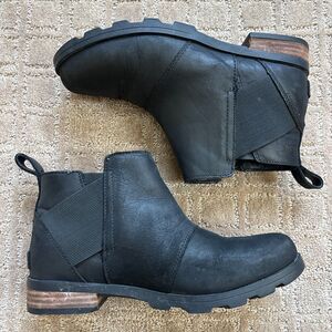 Sorel Emelie Waterproof Chelsea Boot Women's 8 Black Leather Casual Pull On
